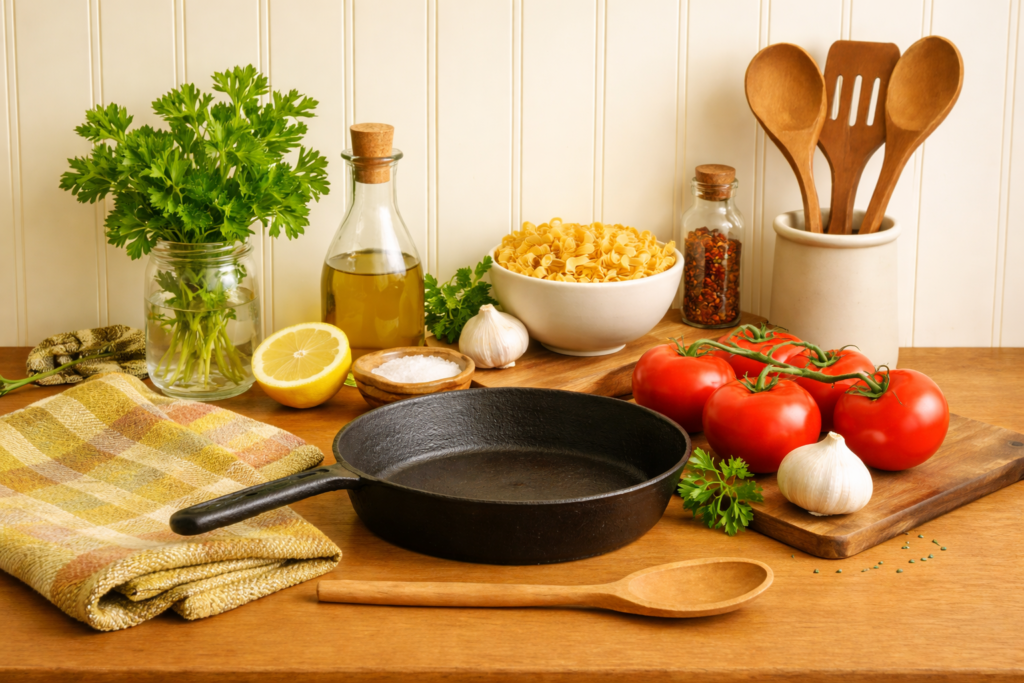 Cooking ingredients on wooden table